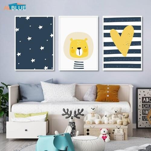Lion Star Heart Wall Art Canvas Painting Cartoon Nordic Posters And Prints Animals Wall Pictures Baby Kids Room Bedroom Decor