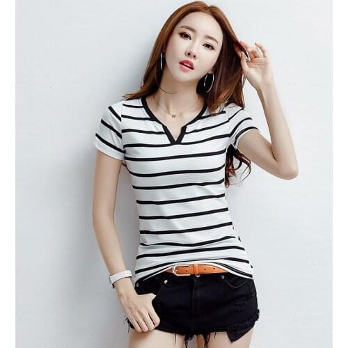 MRMT 2020 Brand New Summer Womens T Shirt Thin Striped V - Collar Short - Sleeved T-shirt for Female Cotton Tops Tshirt