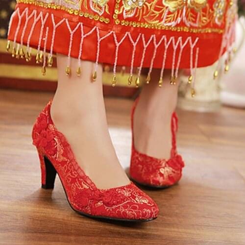 New Red Wedding Shoes High-heeled Cheongsam Thick with Elegant Romantic Womens Single Shoes Auspicious Embroidered Bridal Shoes