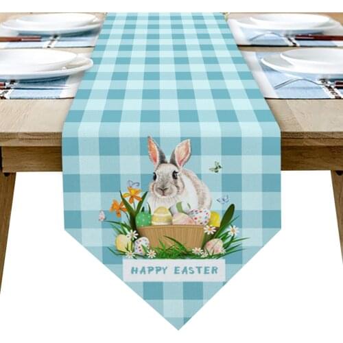 Easter Bunny And Egg Blue Plaid Table Runner Wedding Decor Cake Tablecloth and Placemat Dinning Table Decoration Table Runner