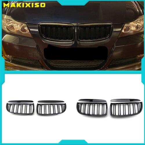 1 Pair Gloss Matt Black M Color 2 Line Front Kidney Grille Grill Double Slat For BMW E90 E91 3 Series 320i 325i 328i 2005-2008