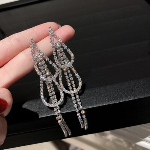Simple Graceful Rhinestone Long Tassel Earrings for Women Elegant Geometric Dangle Earring Weddings Party Jewelry Accessories