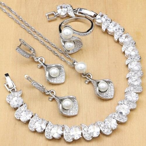 Horn 925 Silver Bridal Jewelry Sets White Zircon Pearls Bead For Women Party Earrings With Stone Pendant/Necklace/Ring/Bracelet