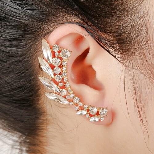 Fashion Angel Wing Full Rhinestone Ear Cuff Popular Leaf Shaped Clear Crystal Jewelry Women Gifts Party Clip Earrings