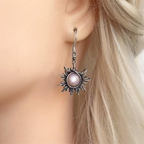 Earrings Retro Sun And Moon Opal Pendant Earrings for Women 2021 Korean Fashion Jewelry Accessories Party Gift Boucle Femme