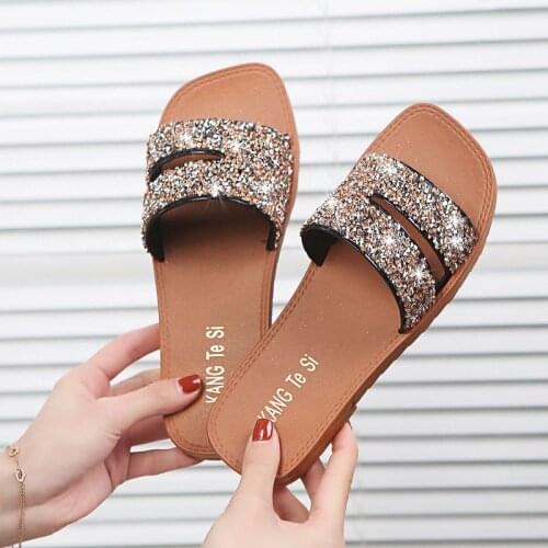 Glitter Slippers Women Summer Sandals 2021 Fashion Bling Female Candy Color Flip Flops Beach Diamond Flat Shoes Outdoor Sandals