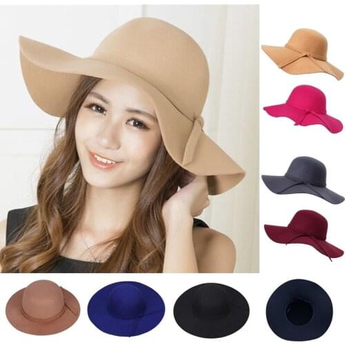Childrens adult retro wave bow big brimmed top hat female imitation wool felt hat autumn and winter felt hat parent-child hat