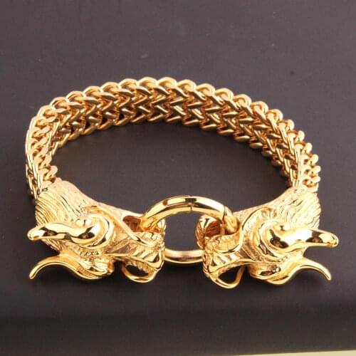 Top Stainless Steel Dubai Gold Color Dragon Clasp Rock Figaro Chain Mens Bracelet Bangle Hip-hop Jewelry 8.66"