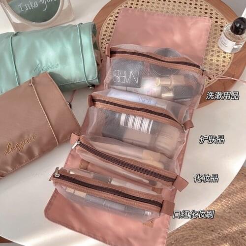 Women Cosmetic Bag Travel Organizer Foldable Hanging Nylon Wash Bag Portable Makeup Bag Multifunctional Toiletry Pouch