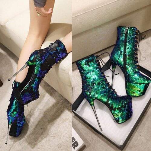 US4-11 Womens Round Toe Sequins Bling Ankle Boots Platform Stilettos Steel High 16CM Heel Retro Motorcycle Shoes 4Colors Plus Sz