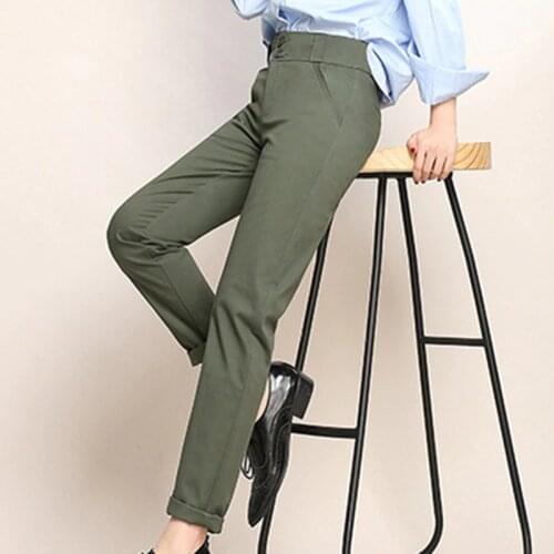 2018 Spring womens casual pants pencil pants slim waist cotton casual trousers feet two button female