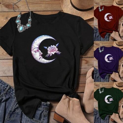 Mujer Camisetas Harajuku Woman Tshirts Tops Retro Sun Moon Graphic O-Neck Casual Soild Short Sleeve T-Shirt женские футболки N