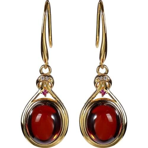 S925 sterling silver gold-plated natural blood amber earrings simple temperament womens earrings ear hooks