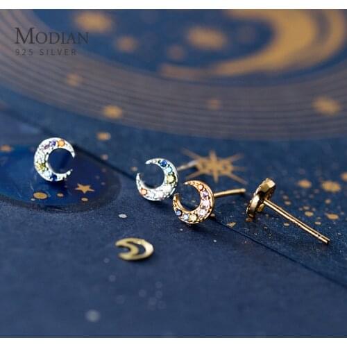 Modian New 925 Sterling Silver Colorful Crystal Moon Tiny Stud Earring for Women Luxury Ear Pin Fine Jewelry Student Accessories