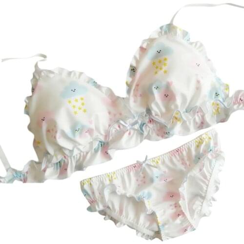 83XC Women Cute Bows Bra Panty Set Smile Clouds Print Ruffles Anime Lolita Underwear