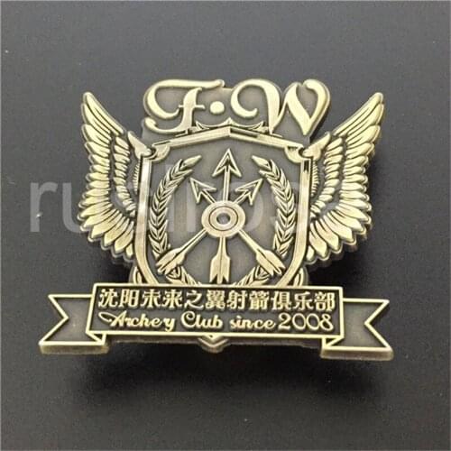 Archery Club Badge, Plated Bronze Antique 3D Stereo Wings Metal Badge Custom
