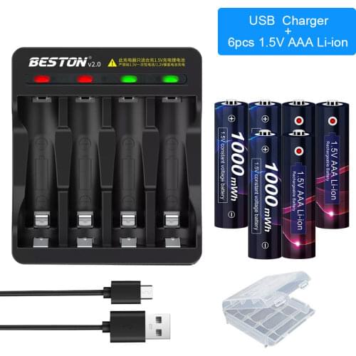 1.5v AAA Rechargeable Battery 1000mWh AAA 1.5V Li-ion Rechargeable Batteries+ Led Smart Charger for Rechargeable Battery AAA