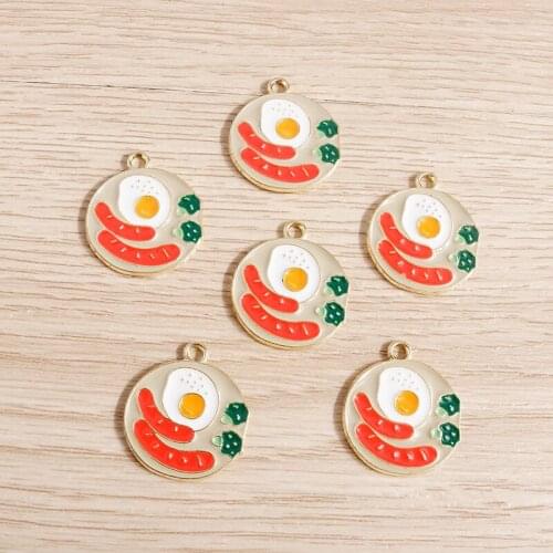 10pcs 20*22mm Breakfast Charms for Jewelry Making Enamel Sausage Fried Egg Food Charms Pendants Necklaces Earrings DIY Accessory