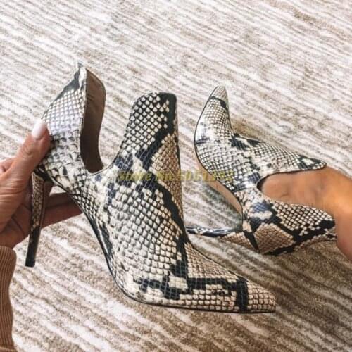 2020 Snake Skin Ankle Boots Cut Out Sexy Pointed Toe Stiletto High Heel Slip On Short Booties Dress Women Shoes Boots