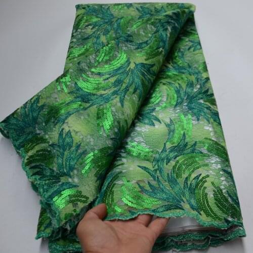 5yards/pc) High quality green African tulle lace latest sequins embroidered French net lace fabric for party dress FLP282