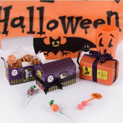 50pcs Orange Purple Happy Halloween 6*6.5*11.4cm Mini House Candy Boxes Gift Boxes For Halloween Party