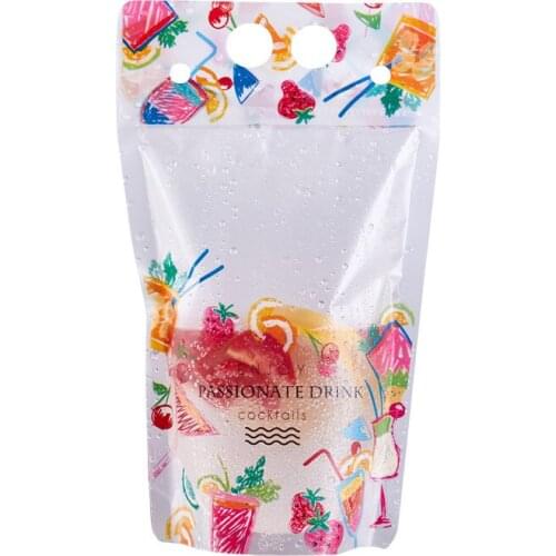 500pcs 500ml Fruit pattern Plastic Drink Packaging Bag Pouch for Beverage Juice Milk Coffee, with Handle and Holes for Straw