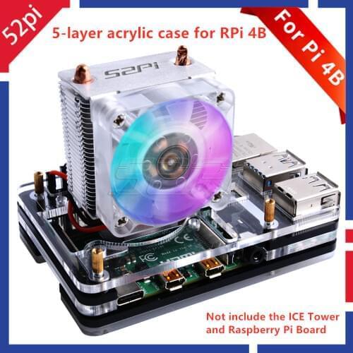 52Pi New! 5-Layer Acrylic Transparent ( Clear & Black ) / Black / Colorful Case with Cooling Fan for Raspberry Pi 4 B ICE TOWER
