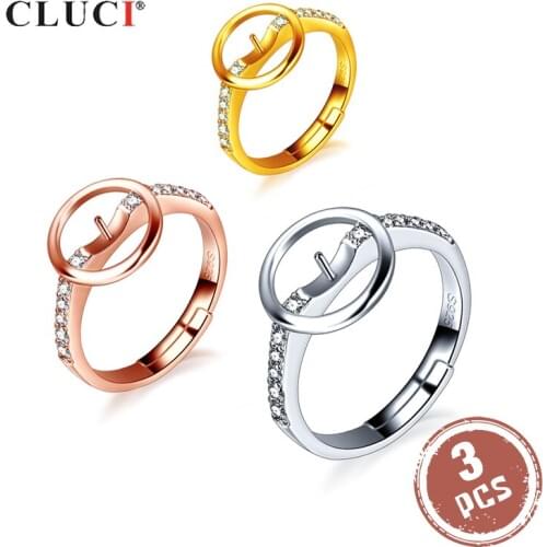 CLUCI 3pcs Silver 925 Round Circle Design Pearl Ring Mounting 925 Sterling Silver Adjustable Rings for Women Jewelry SR2241SB