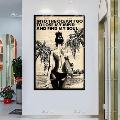 Girl And Into The Ocean I Go To Lose My Mind And Find My Soul Retro Poster Summer Vacation Beach Home Decor Prints Wall Art