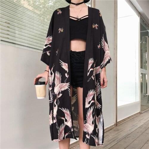 Women Japanese Kimono Cardigan Coat Crane Loose Yukata Outwear Long Bathrobe Sexy Bathrobe for Women