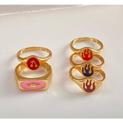 New Ins Creative Simple Colorful Flame Ring Vintage Trendy Drop Oil Pink Star Cherry Rings For Women Girls Fashion Jewelry Gift