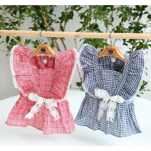 Ruffle Sleeve Lace Grid Skirt Dog Dress Pet Products Summer Cotton Clothing For Dogs Cats Rabbit Chihuahua Teddy Dog Clothes