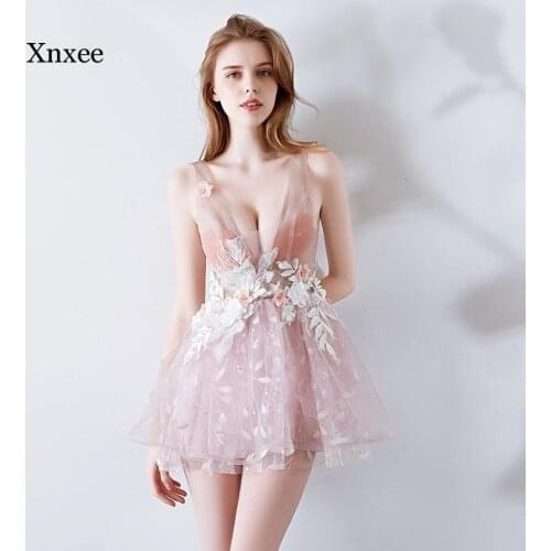 Lace Chiffon Sexy A-Line Mini Dress Sweet Girl Fashion Embroidery Deep V Backless Graduation Night Party Dress Short Style Dress