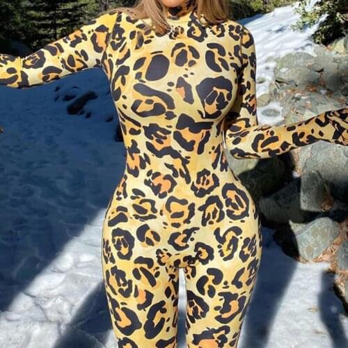 Leopard Print Sexy Bodycon Jumpsuit Romper Long Sleeve With Gloves Turtleneck Women Skinny Active Wear One Piece Club Overalls
