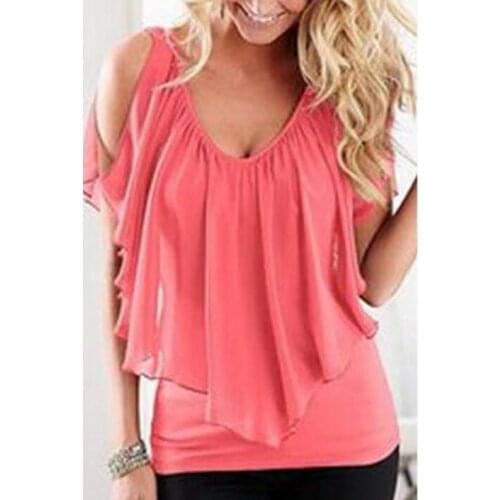 Summer Women Blouse Loose Shirt V Neck Butterfly Sleeve Chiffon Blouse Sleeveless Female Short Sleeve Blouse black Plus size 3xl