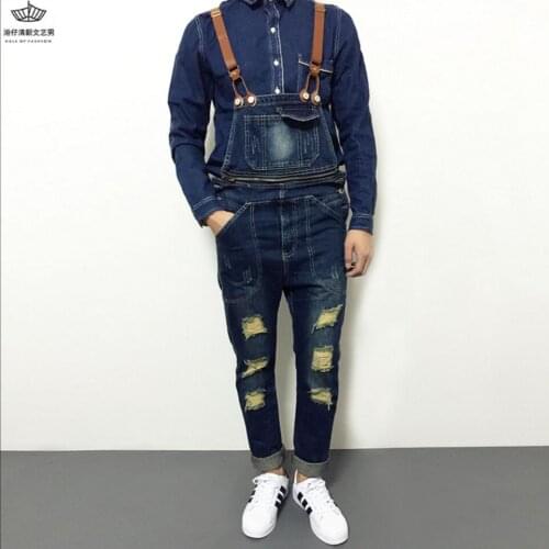 Autumn Men Denim Bib Pants Fashion Slim Spaghetti Strap Pants Denim Overalls Siamese Pants Overalls Suspenders Straight Jeans