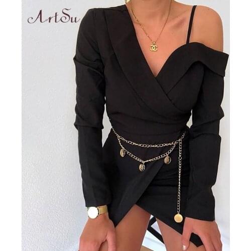 Artsu 2020 One Shoulder Sexy Backless Wrap Dress Women Deep V-Neck Zipper Party Club Wrap Mini Dresses Spring ASDR60750
