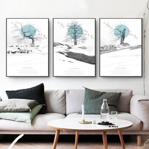 Nordic Poster Prints White Snow Tree Blue moon sun bird Wall Decor Wall Art Canvas Painting Wall Pictures For Living Room Quadro