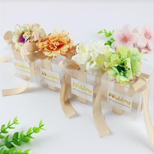 Transparent PVC Candy Boxes Square Wedding Party Favors Gifts Box With Flower Ribbon Romantic Packaging Chocolate Party Gift Bag
