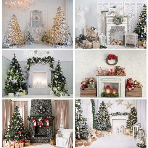 Christmas Fireplace Backdrop Socks Gifts Reindeer Christmas Tree Background Photography Child Famliy Portrait Custom Wallpaper