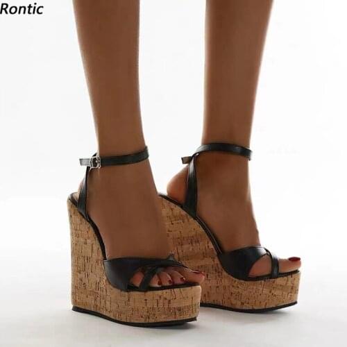 Rontic Handmade Women Summer Platform Sandals Ankle Strap Wedges High Heels Open Toe Black White Party Shoes US Size 5-20