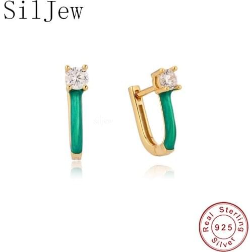 SilJew Luxury Round Zircon Gothic Simple Blue Hoop Earrings for Women Genuine 925 Sterling Silver Party Birthday Jewelry Gift