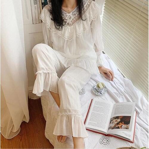 Vintage Style Female Soft Pajama Suits Ruffle Lace Lolita Princess V Neck Ladies Girls Pyjamas Set Sleepwear Loungewear Women
