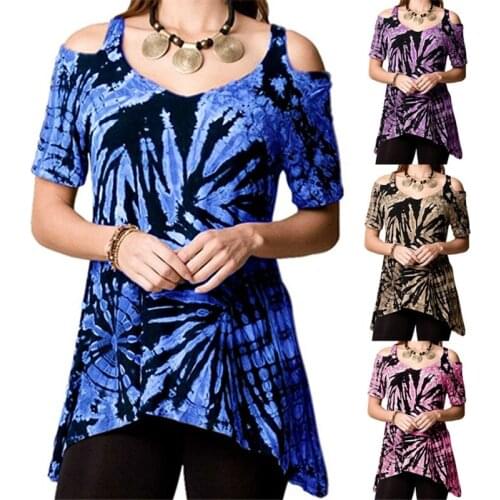 2019 Summer Womens Hot Sale Tie-dye Strapless Irregular Short Sleeve T-Shirt