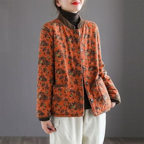 New Arrival Autumn Arts Style Women Long Sleeve Single Breasted Loose Jackets Thicken Warm Vintage Print Cotton Coats V117