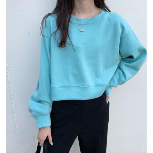 Women 2021 Spring Autumn Fashion Solid Color Short Blouses Female O-neck Loose Hoodies Ladies Pullover Casual Sweatshirt W160