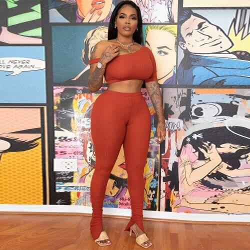 Solid Asymmetrical Two Piece Sets Women Tracksuit Crop Tops+elastic Stacked Split Flare Sweatpant Matching Suits Casual Outfit