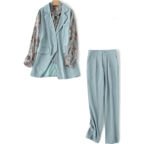 New Women Blazer Three Piece Sets Turn Down Blazer Vest Coat Print Blouse Top Straight Leg Pants OL Suit Female Fashion Set P153