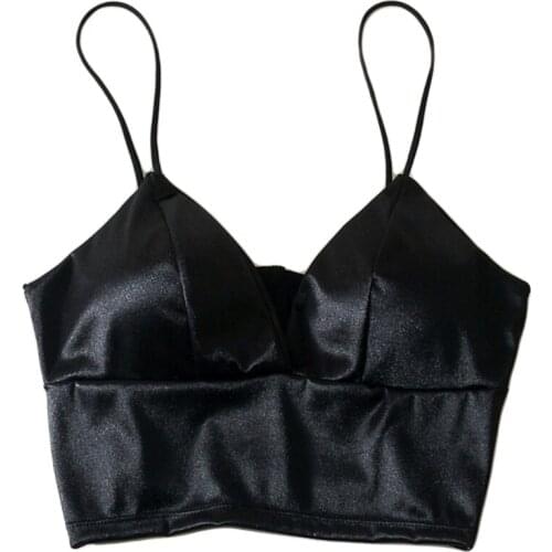 Women Sexy Silky Satin Spaghetti Strap Bralette Deep V-Neck Solid Color Camisole Crop Top Wireless Padded Bra Wrapped Chest LXAD