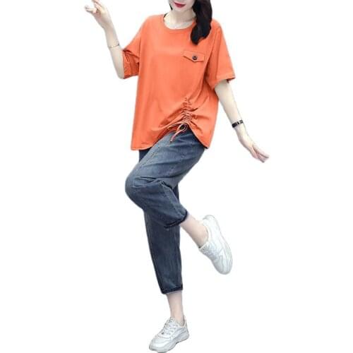 Tracksuit Women 2021 Summer New Loose Large Size Tracksuits Wives Fashion Suit Female Printed T-shirt + Casual Denim Shorts